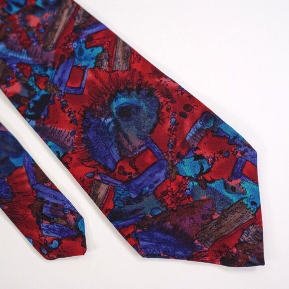 J. Garcia Red Teal Brown Astract Print Short Wide Silk Tie‎ - Picture 1 of 6